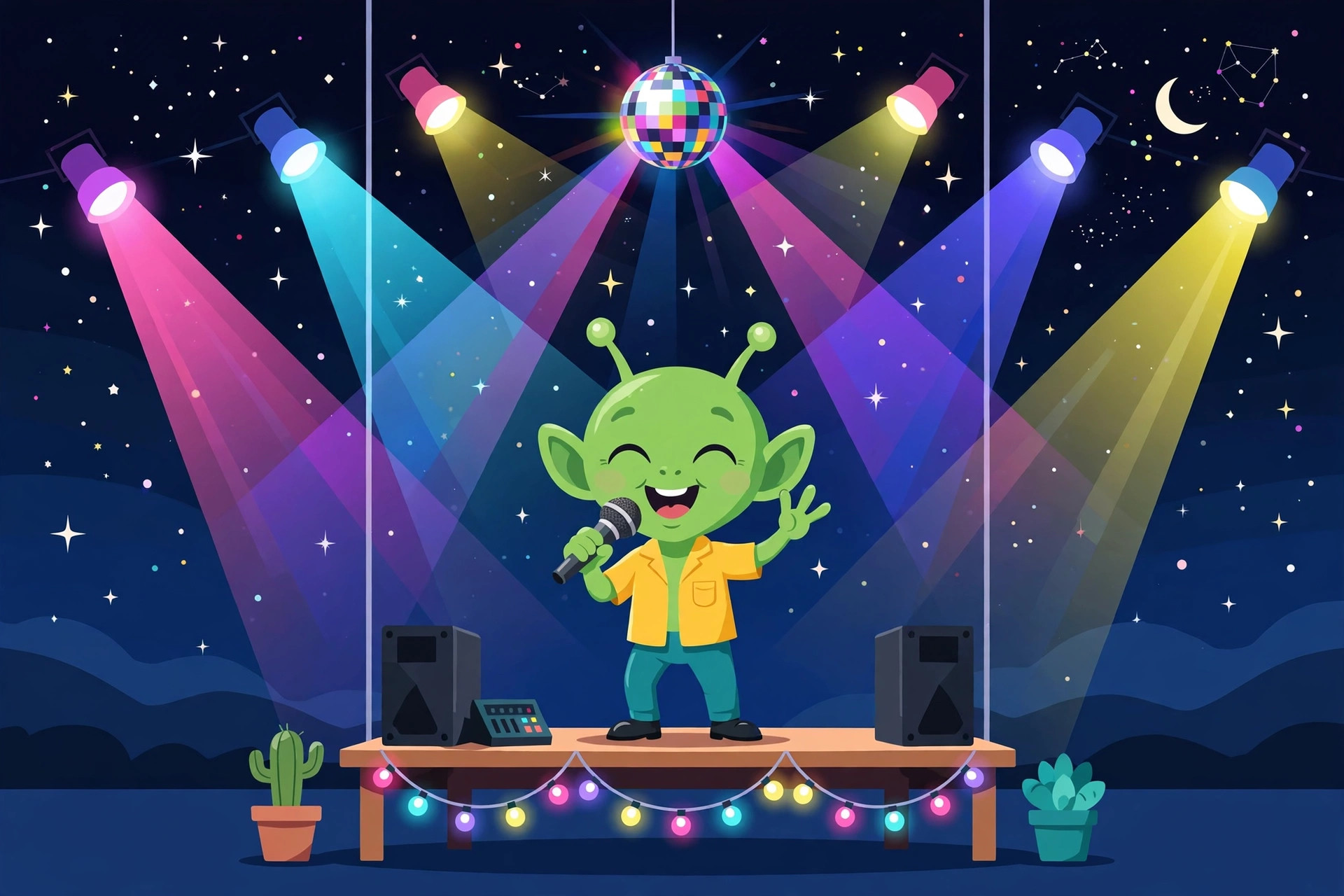 Ilustrasi alien bernyanyi karaoke di atas panggung