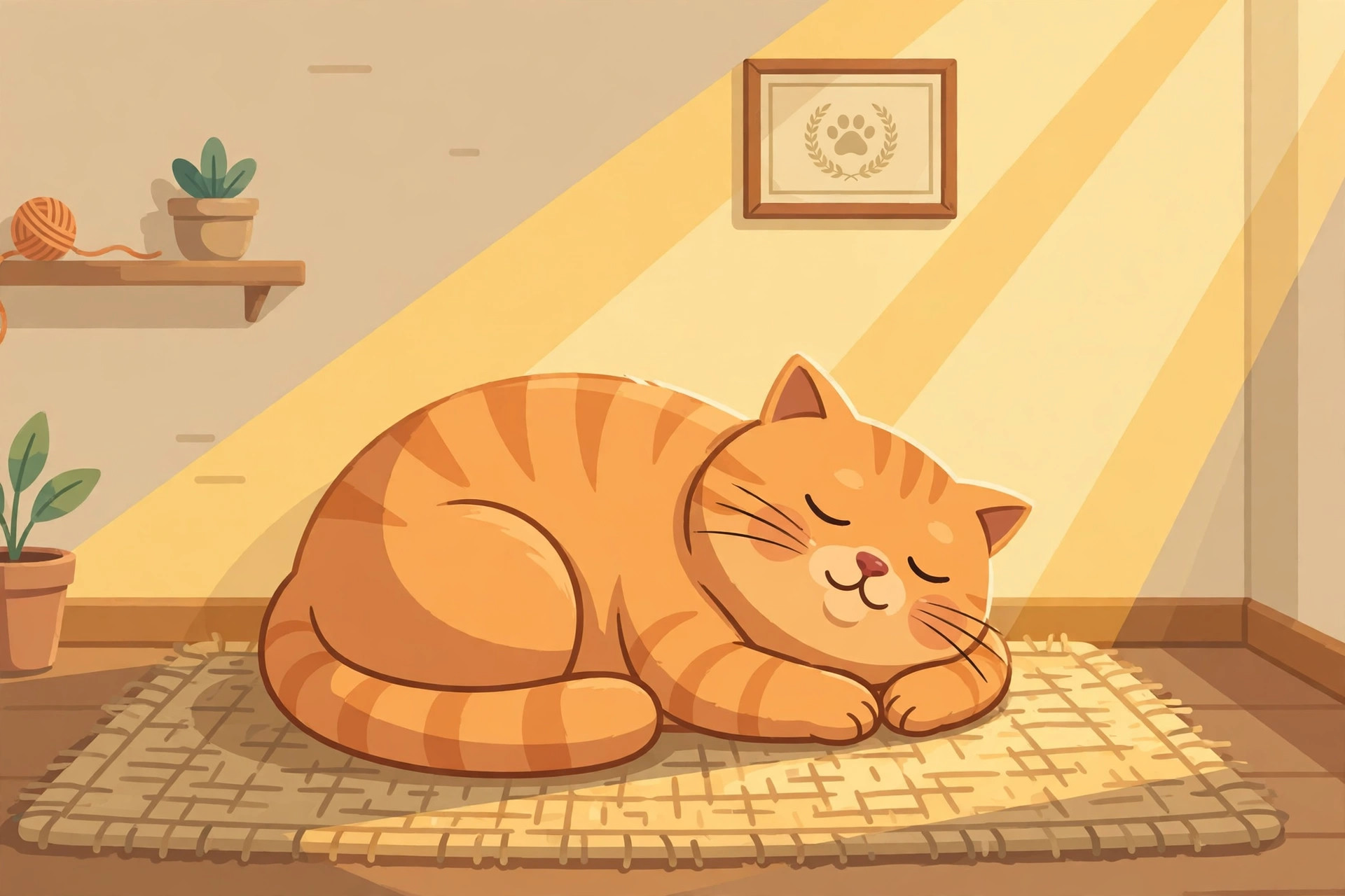 Ilustrasi kucing oranye tidur di atas tikar